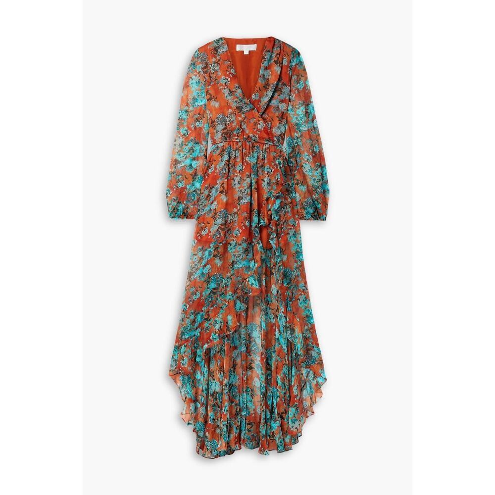 Caroline Constas Vivian Asymmetric Ruffled Floral Silk Chiffon Dress size Medium